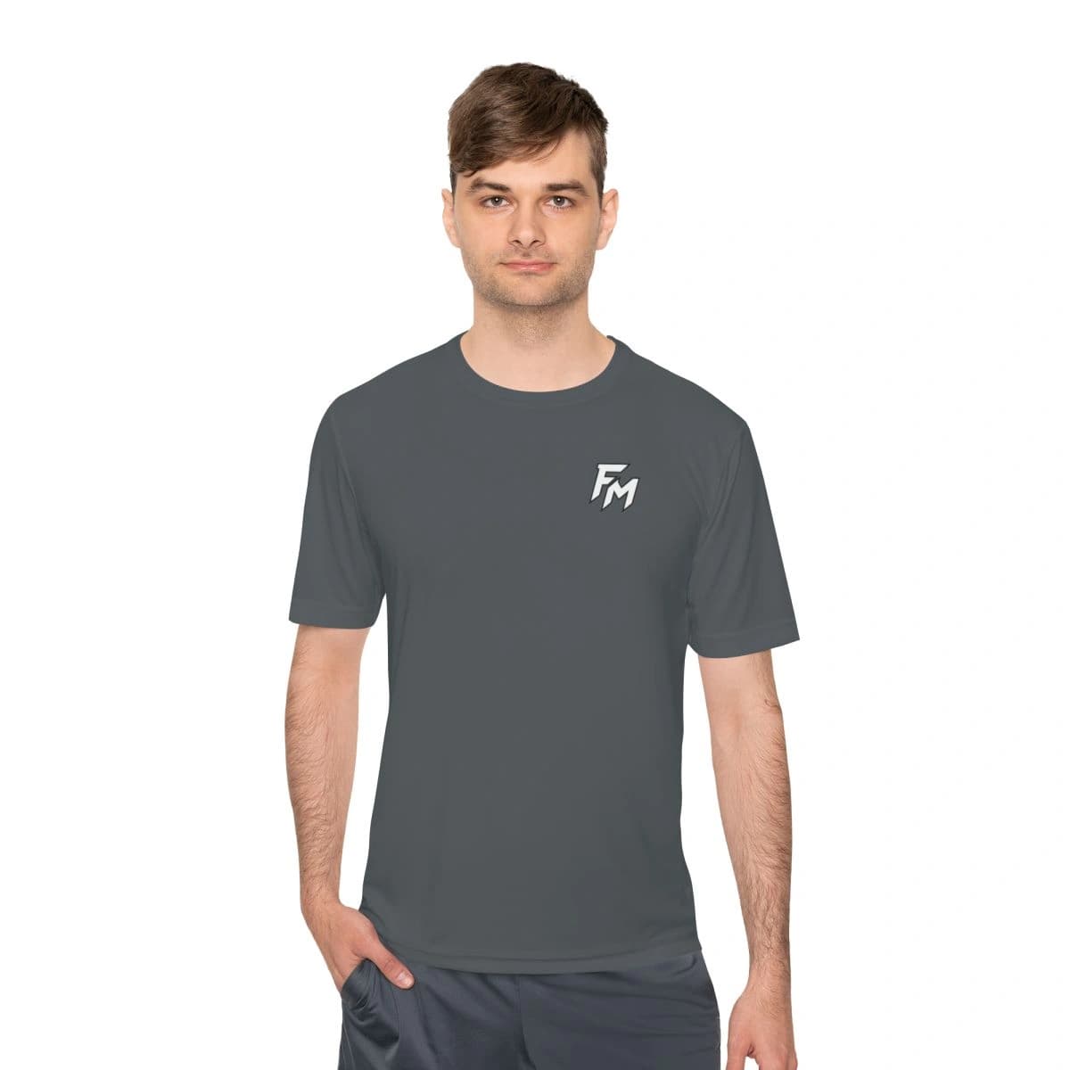 Francis Marshall FM Performance Tee in iron grey, front view